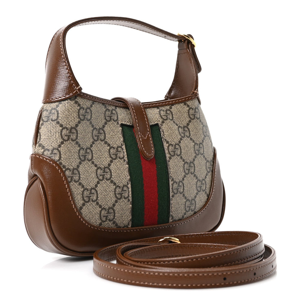 GG Supreme Monogram Azalea Calfskin Web Mini Jackie 1961 Hobo Beige Ebony Brown Sugar