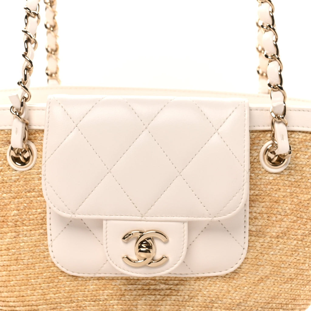 Raffia Braided Lambskin Small Shopping Tote Beige White