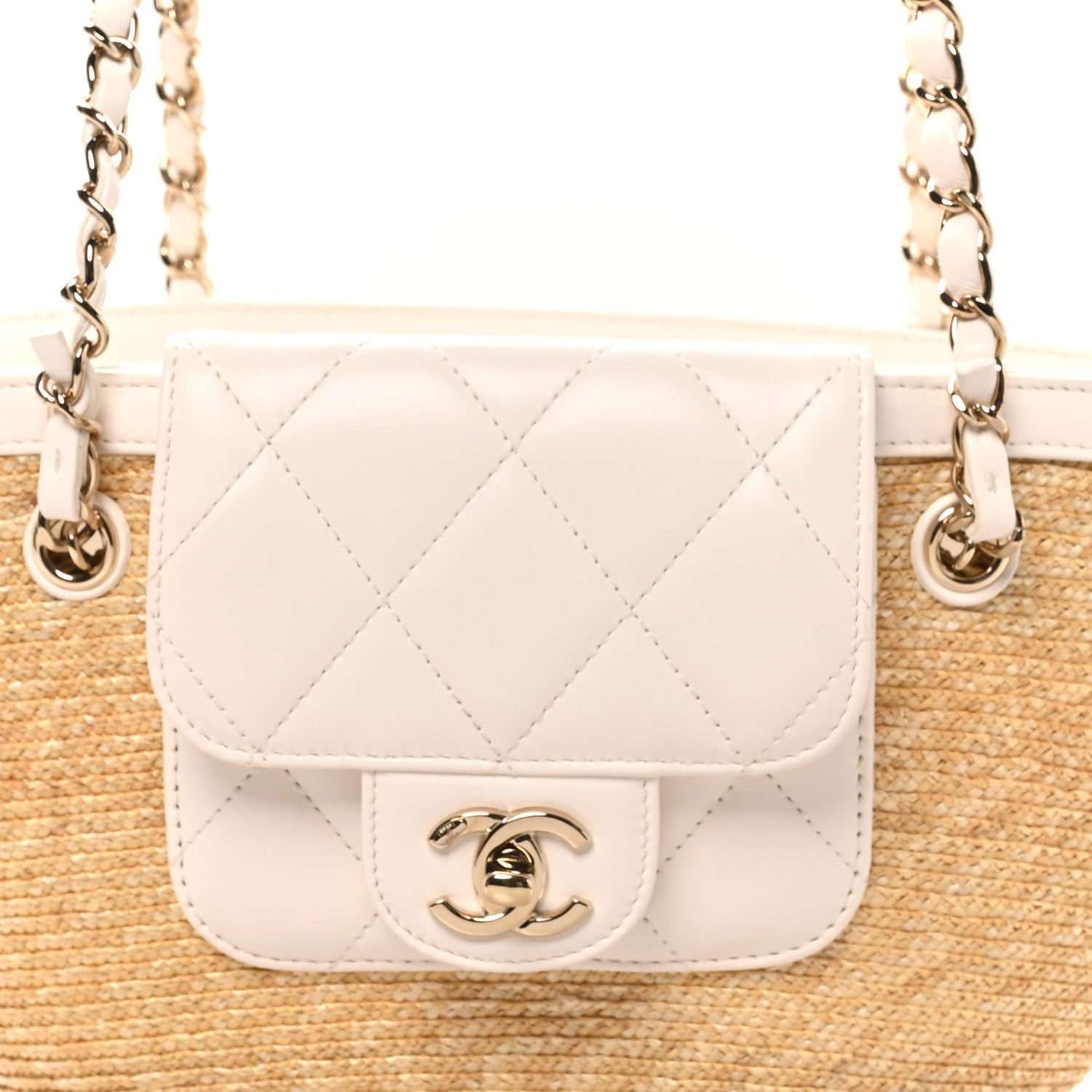 Raffia Braided Lambskin Small Shopping Tote Beige White