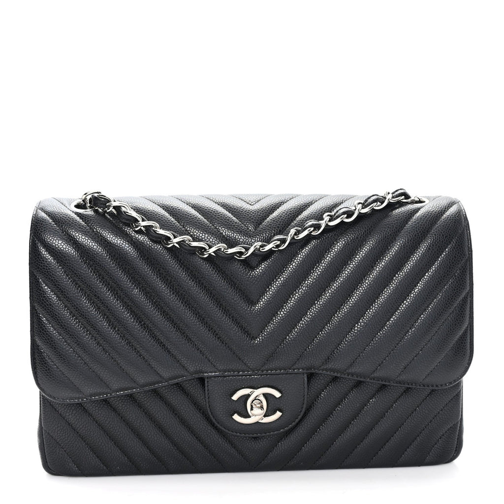 Caviar Chevron Quilted Jumbo Double Flap Black