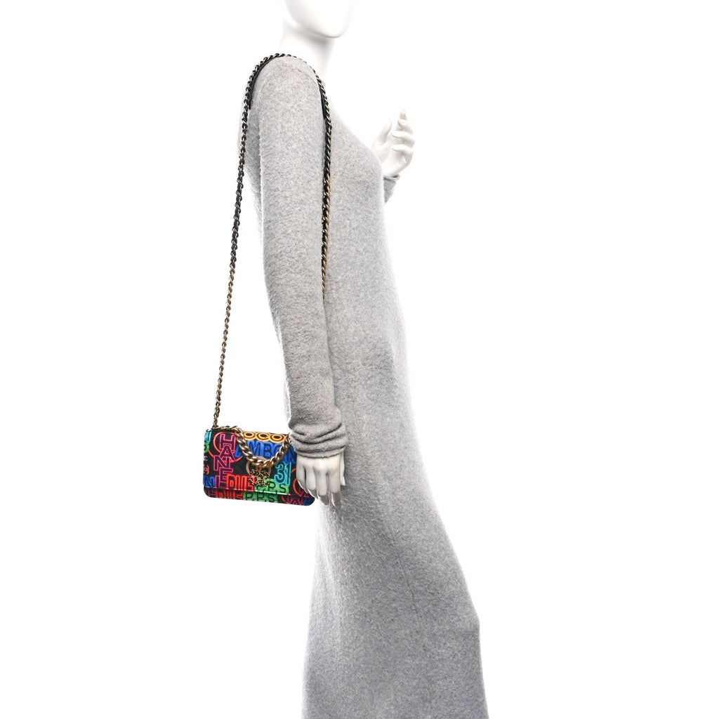 Fabric Printed Chanel 19 Wallet On Chain WOC Black Multicolor