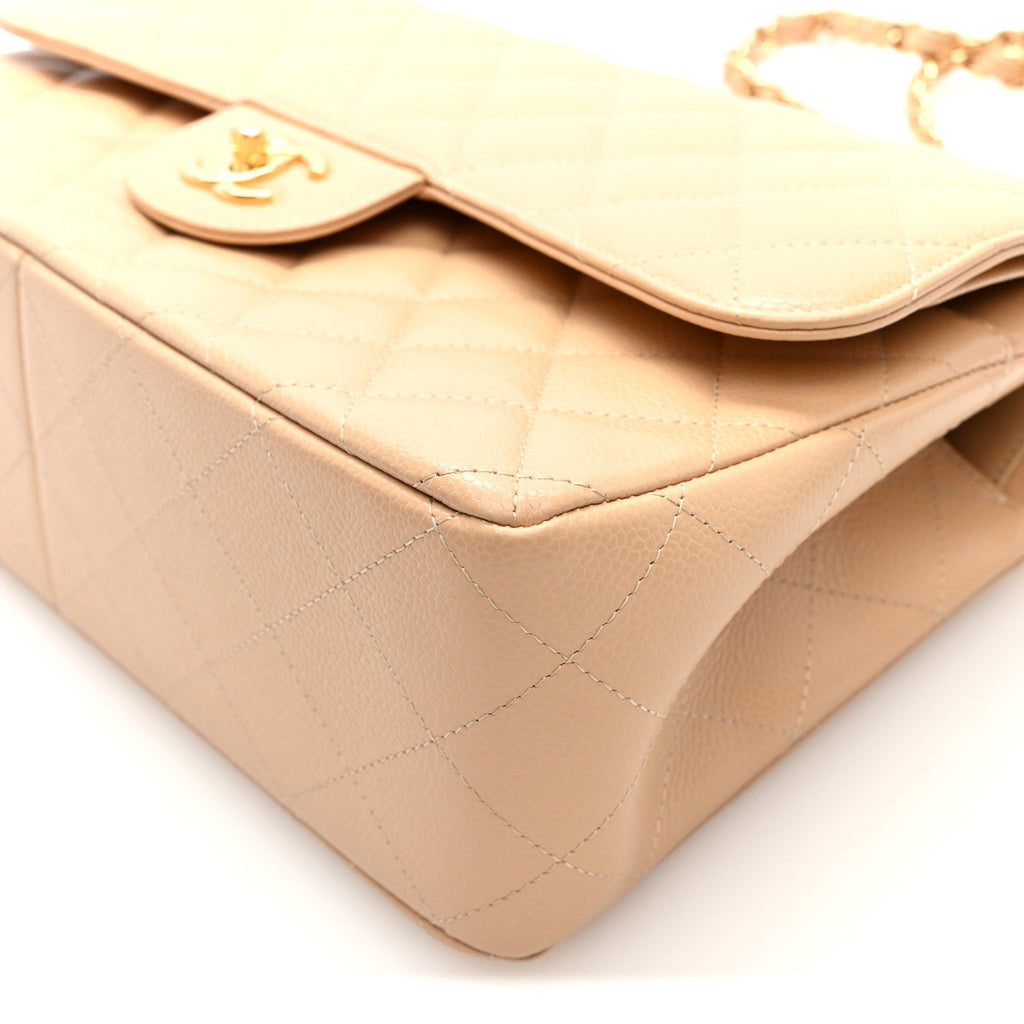 Caviar Quilted Jumbo Double Flap Light Beige