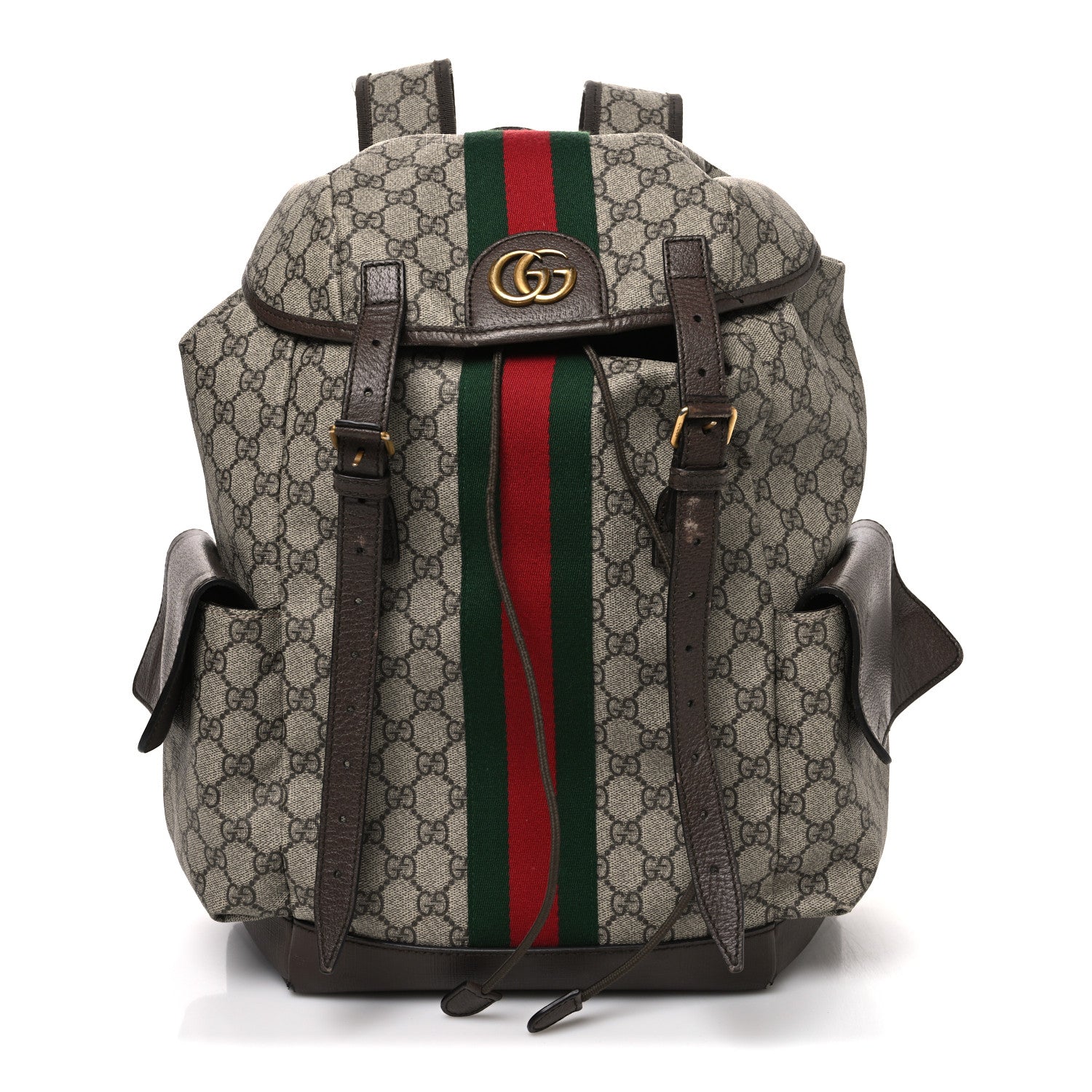 GG Supreme Monogram Medium Ophidia Double Buckle Backpack Brown