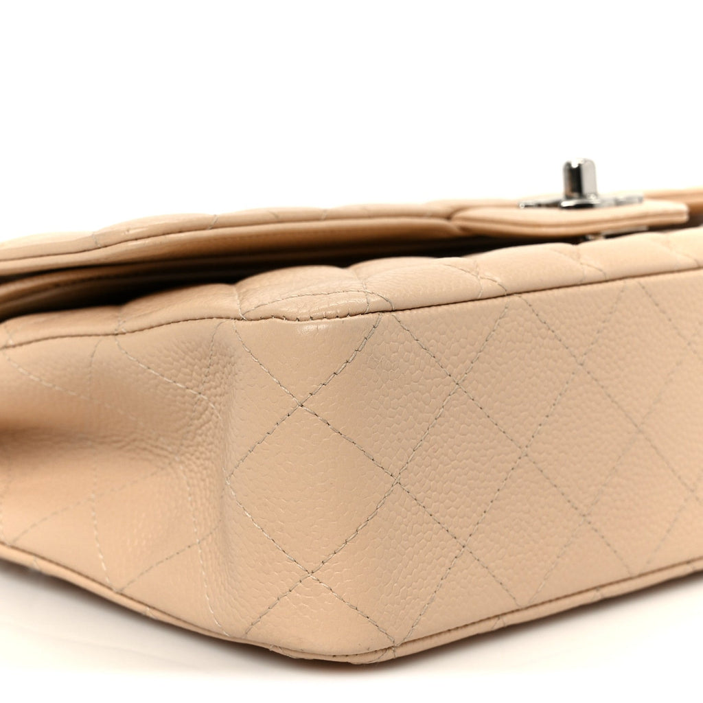 Caviar Quilted Medium Double Flap Beige