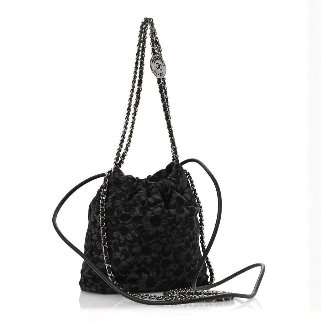 Denim Quilted Floral Print Mini Chanel 22 Black Grey