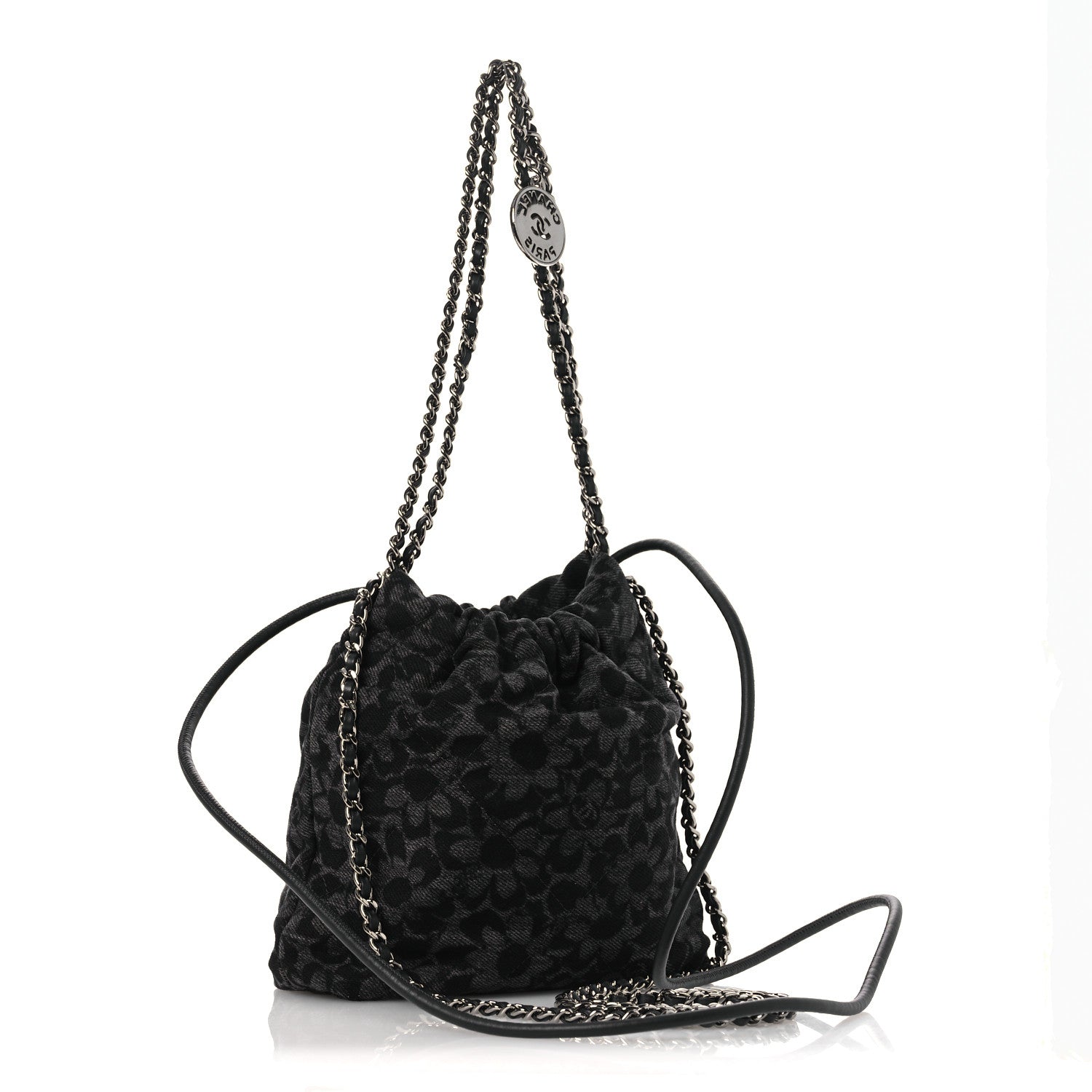 Denim Quilted Floral Print Mini Chanel 22 Black Grey