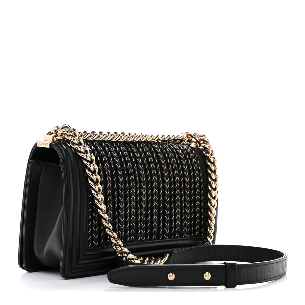 Calfskin Braided Medium Boy Flap Black