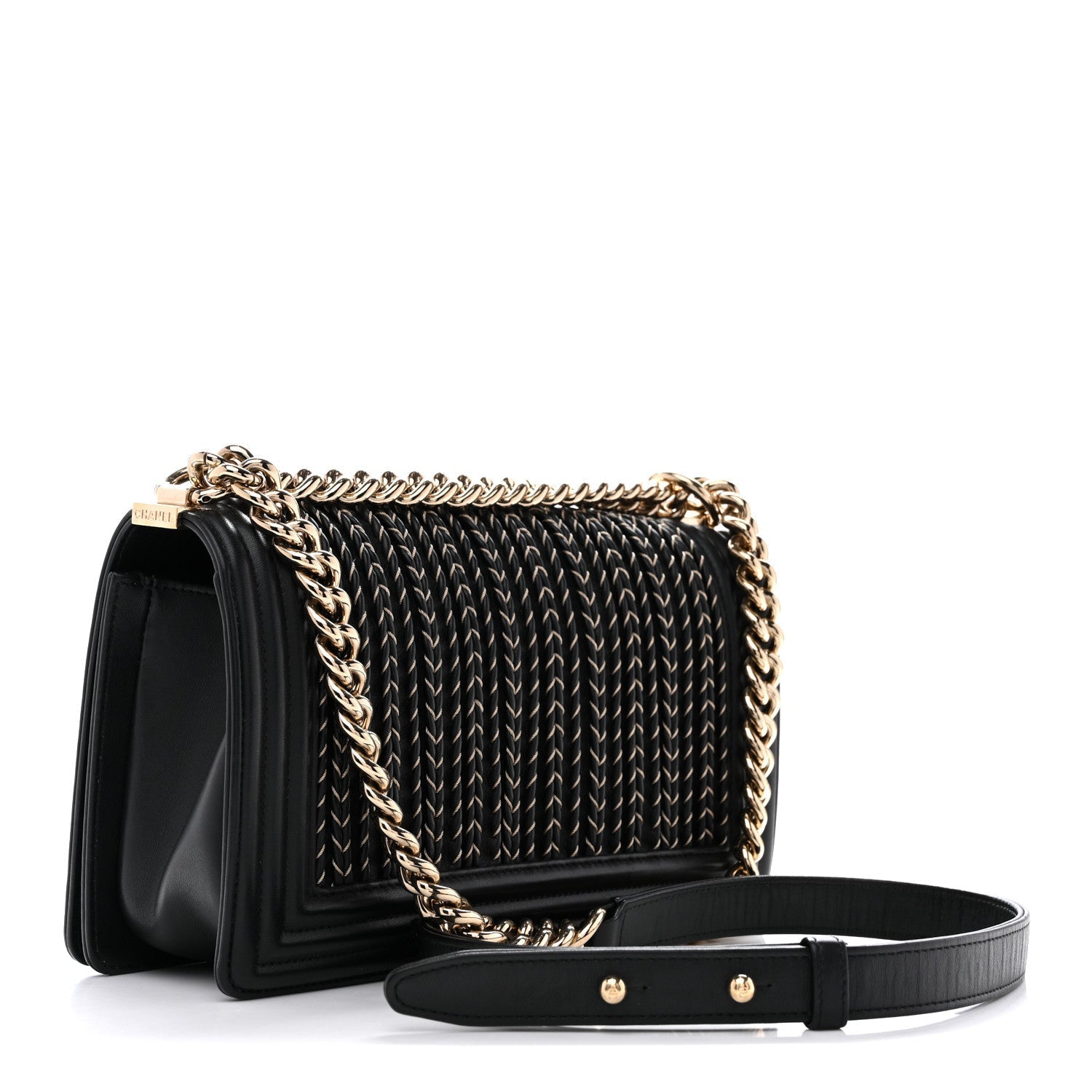 Calfskin Braided Medium Boy Flap Black