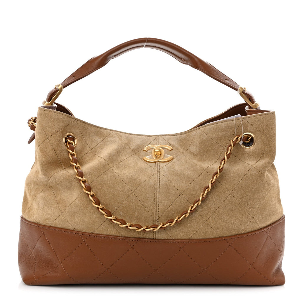 Suede Calfskin Shiny Lambskin Quilted Small Coco Base Shopping Bag Beige Camel