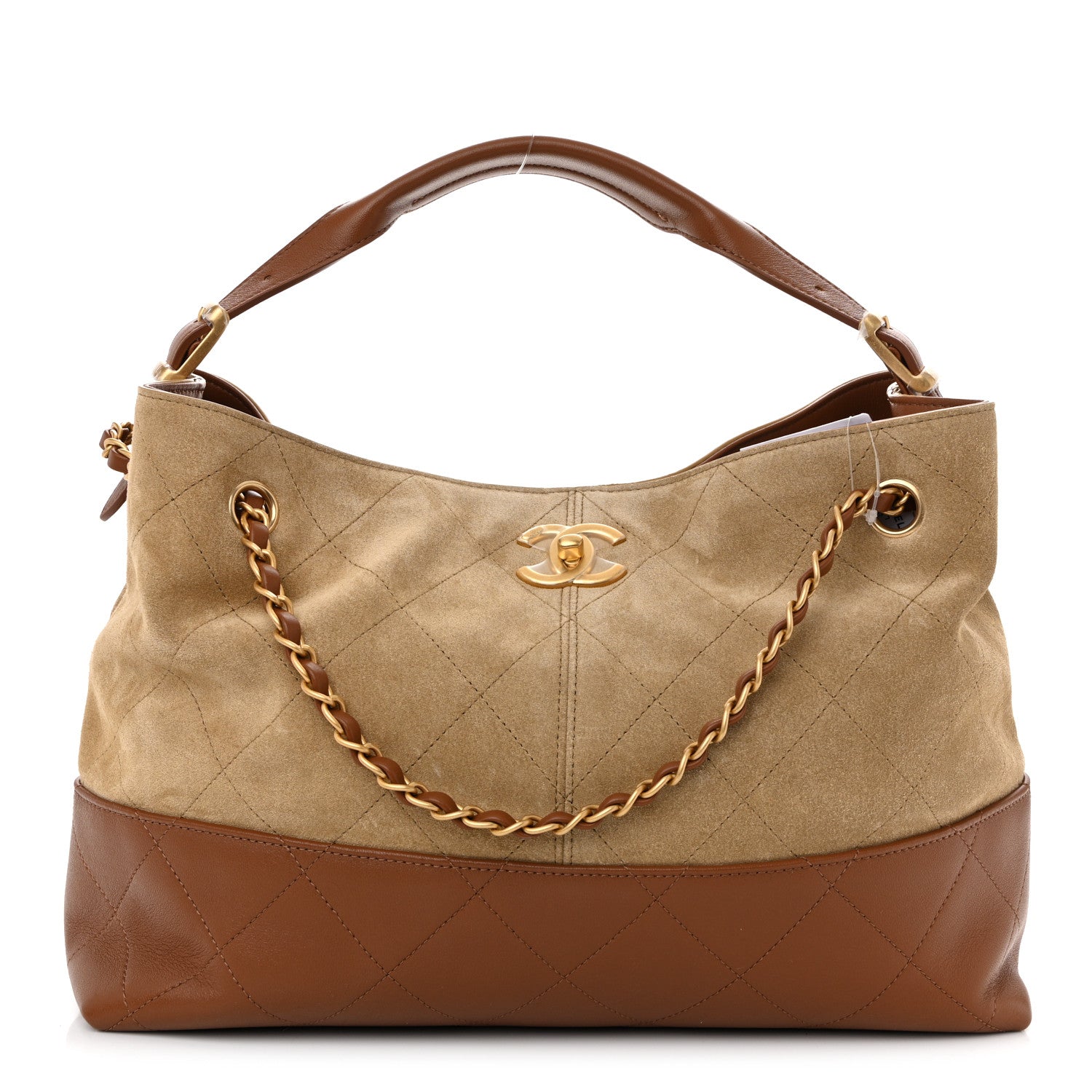 Suede Calfskin Shiny Lambskin Quilted Small Coco Base Shopping Bag Beige Camel