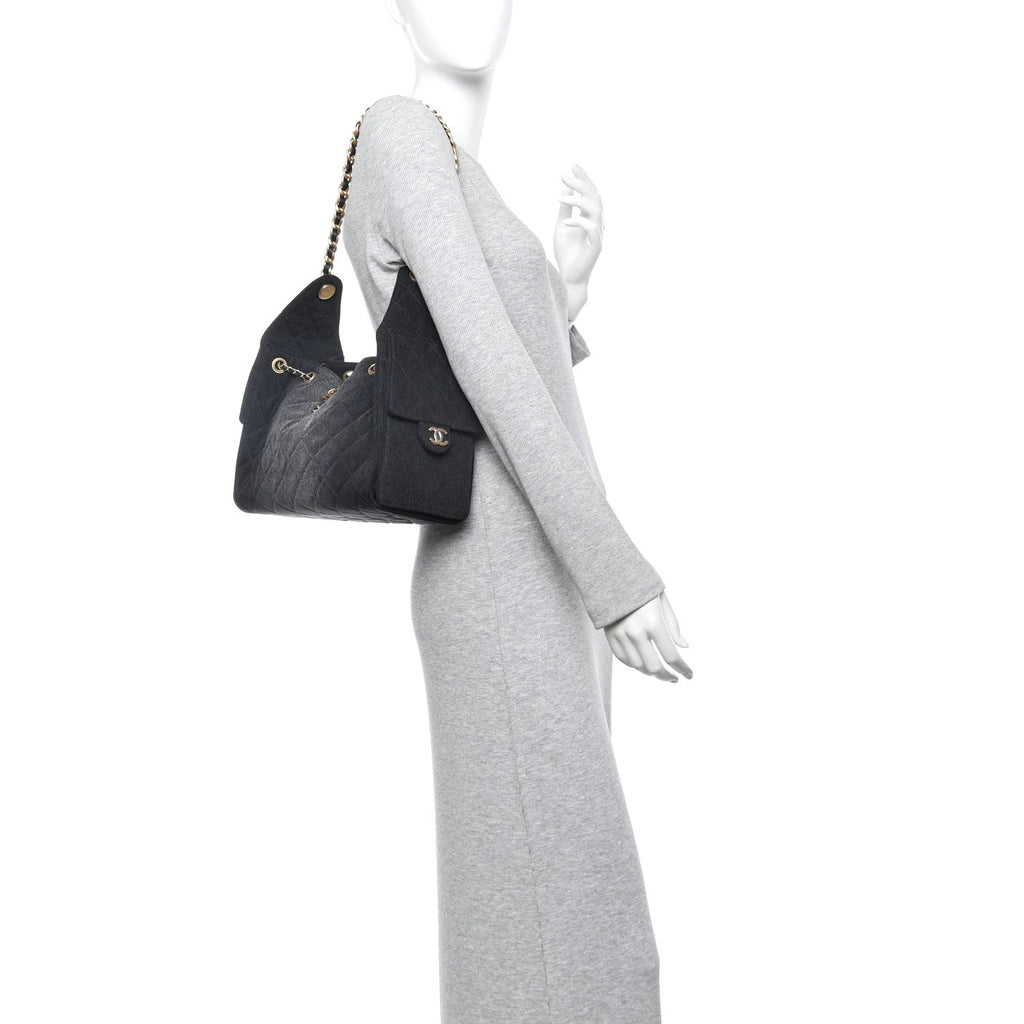 Washed Denim Quilted Small Chanel 25 Handbag Black