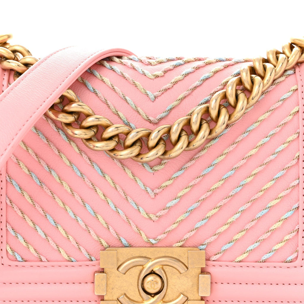 Calfskin Chevron Embroidered Small Boy By The Sea Flap Pink