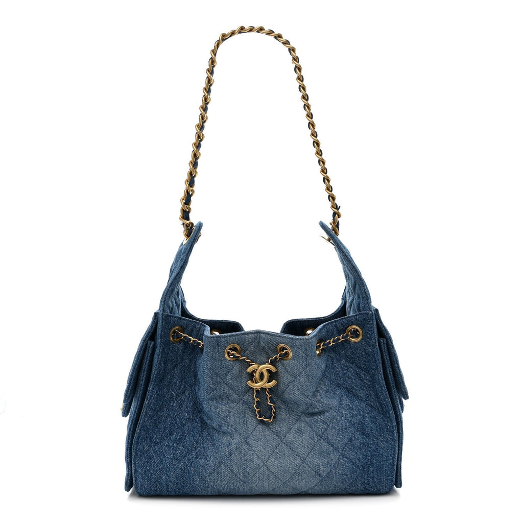 Washed Denim Quilted Small Chanel 25 Handbag Blue
