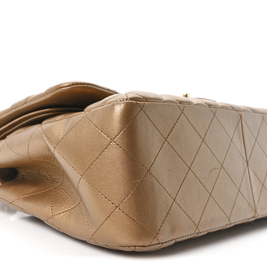 Metallic Lambskin Quilted Jumbo Double Flap Khaki