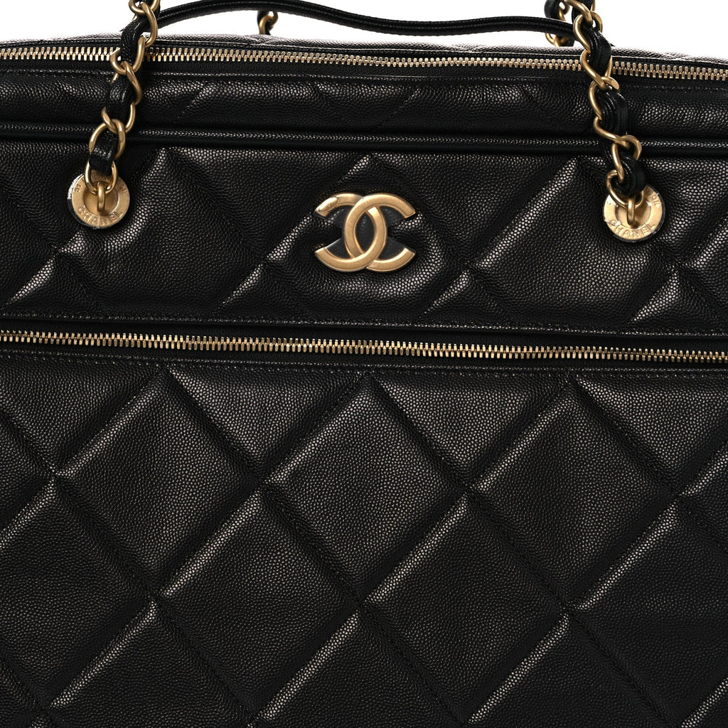 Shiny Grained Calfskin Quilted Large Travel Bowling Bag Black