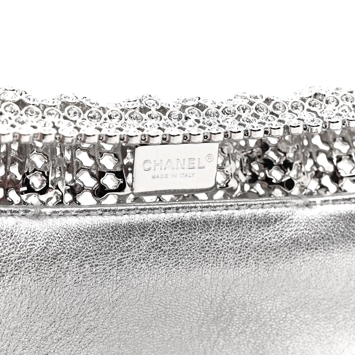 Crystal Embellished Metallic Lambskin Mini Chanel 22 Silver