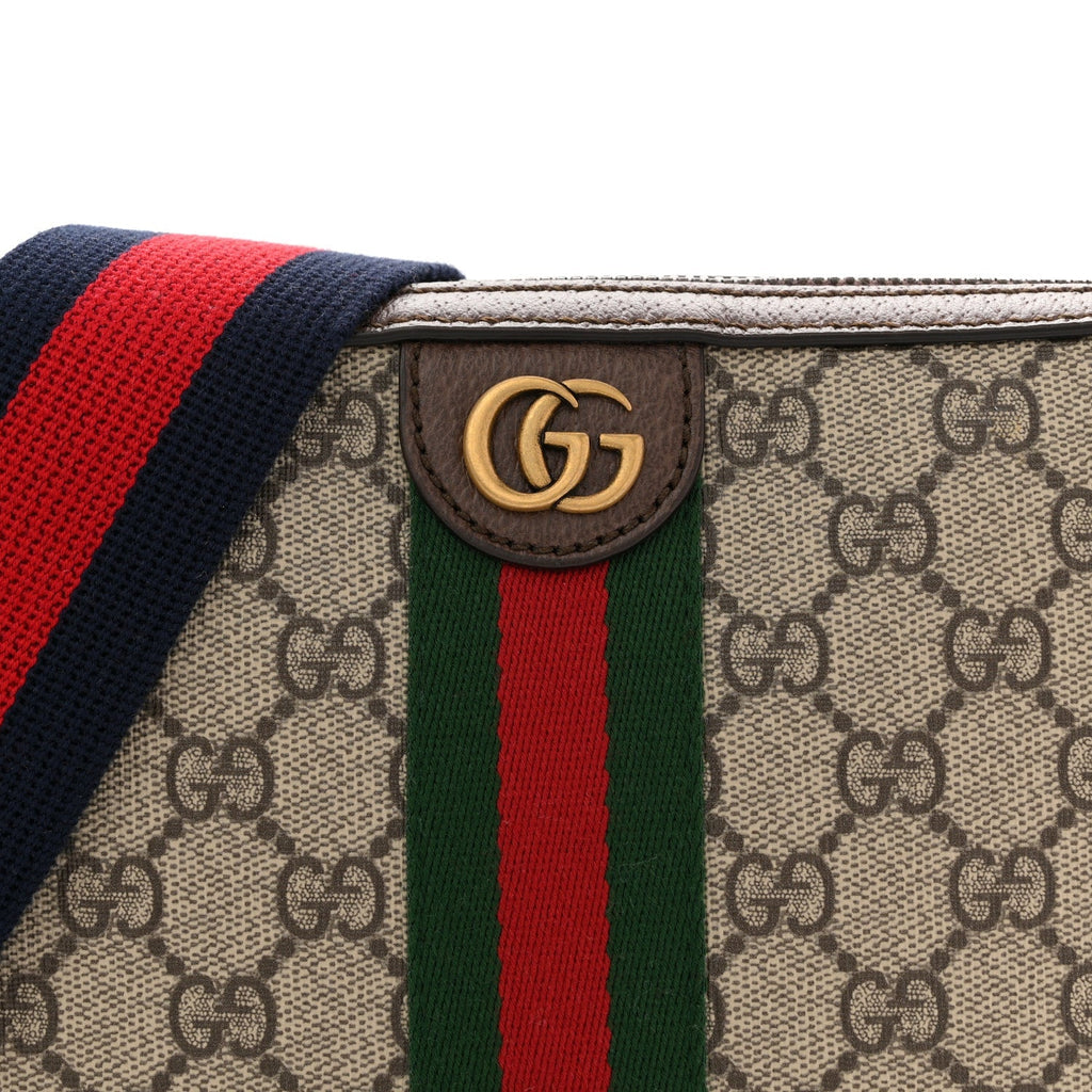 GG Supreme Monogram Textured Dollar Calfskin Web Ophidia Wristlet Shoulder Bag Beige Ebony New Acero