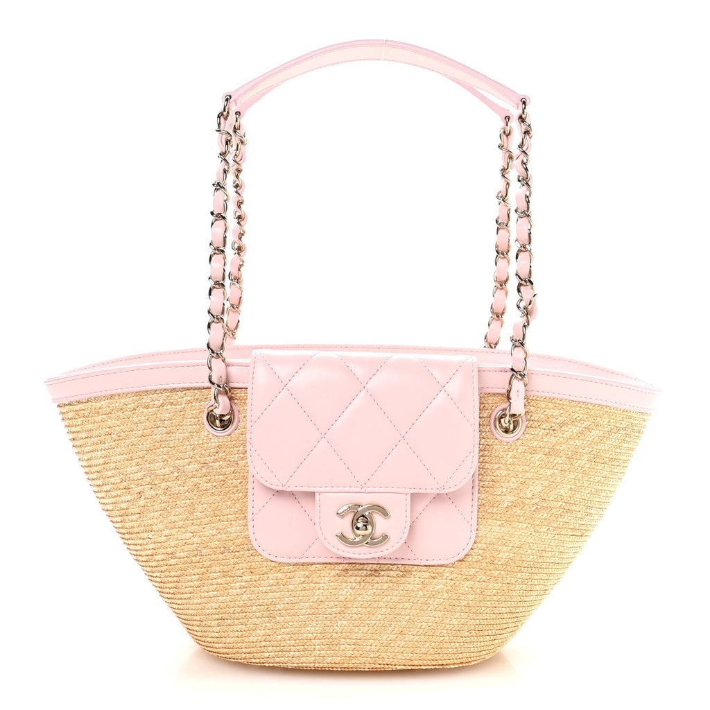 Raffia Lambskin Small Wicker Tote Beige Light Pink