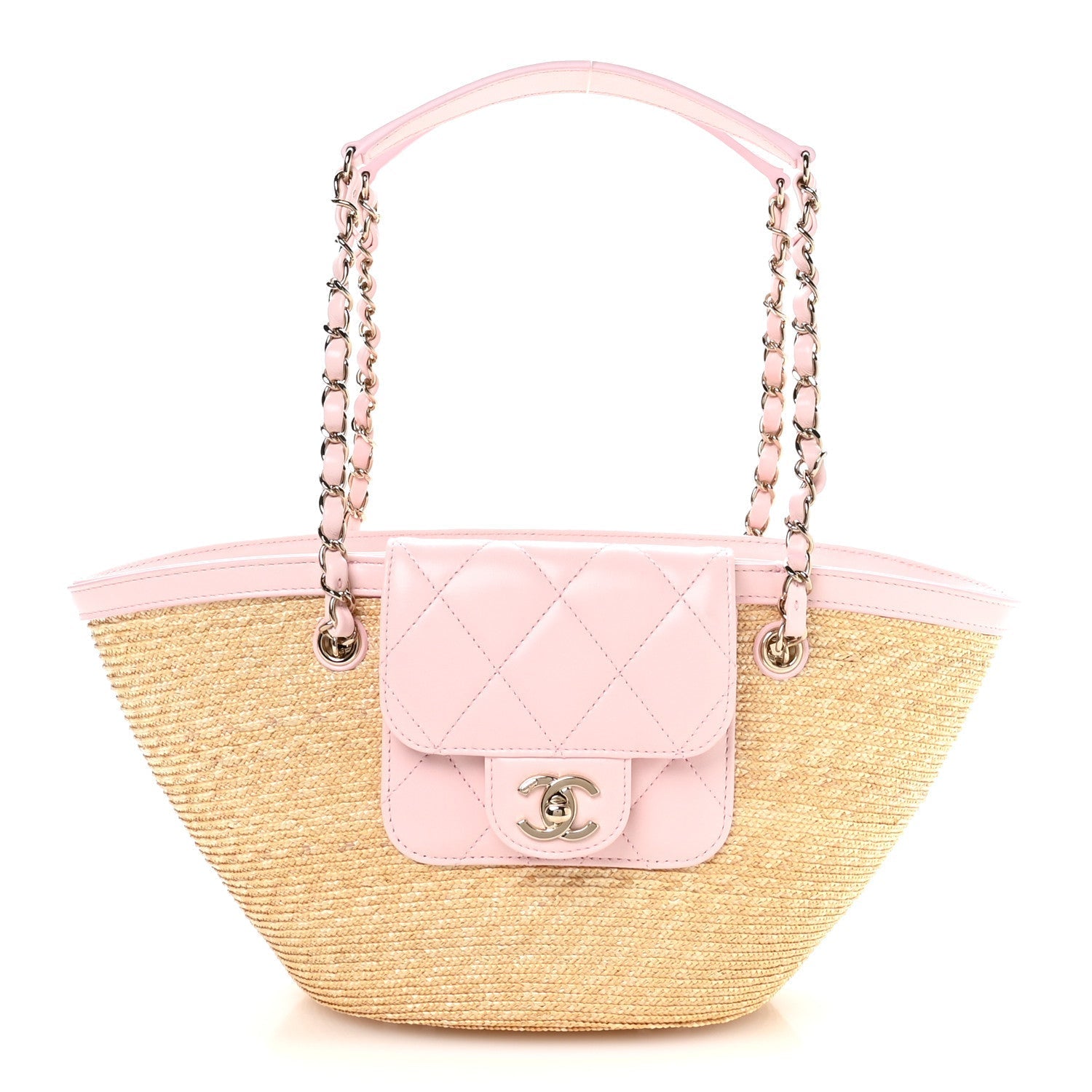 Raffia Lambskin Small Wicker Tote Beige Light Pink