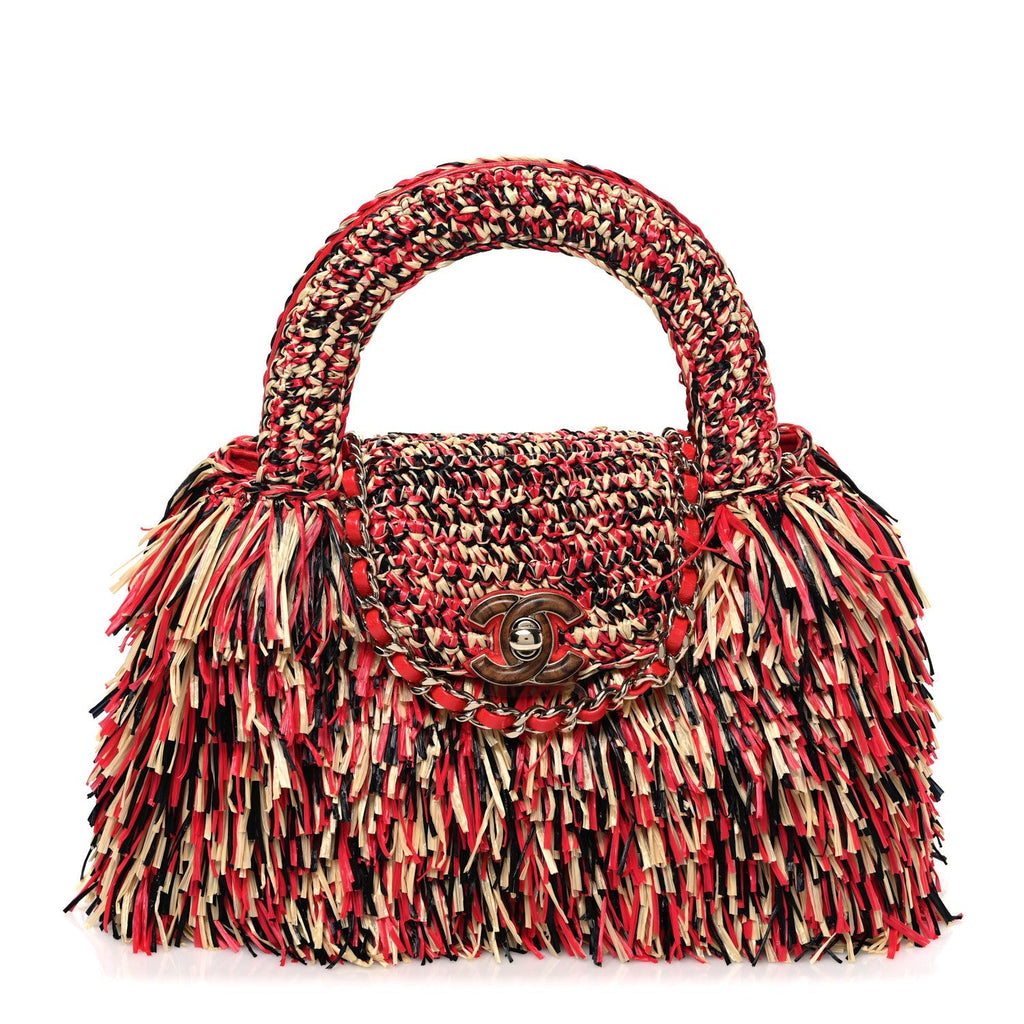 Raffia Fringe Nano Kelly Shopper Red Beige Black