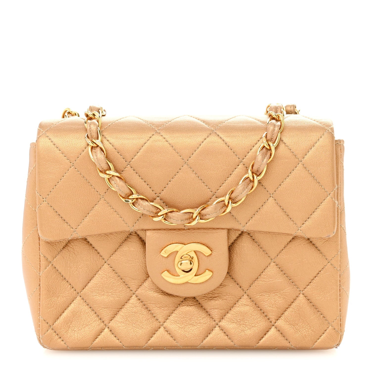 Metallic Lambskin Quilted Mini Square Flap Bronze