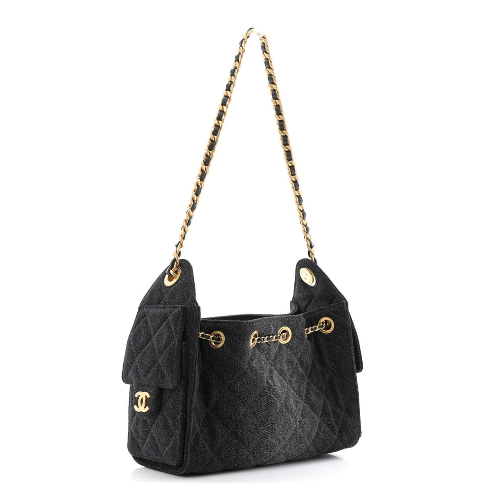 Washed Denim Quilted Mini Chanel 25 Handbag Black