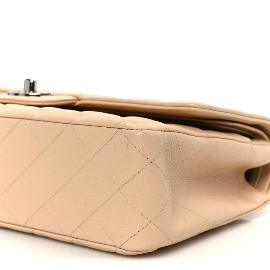 Caviar Quilted Medium Double Flap Beige