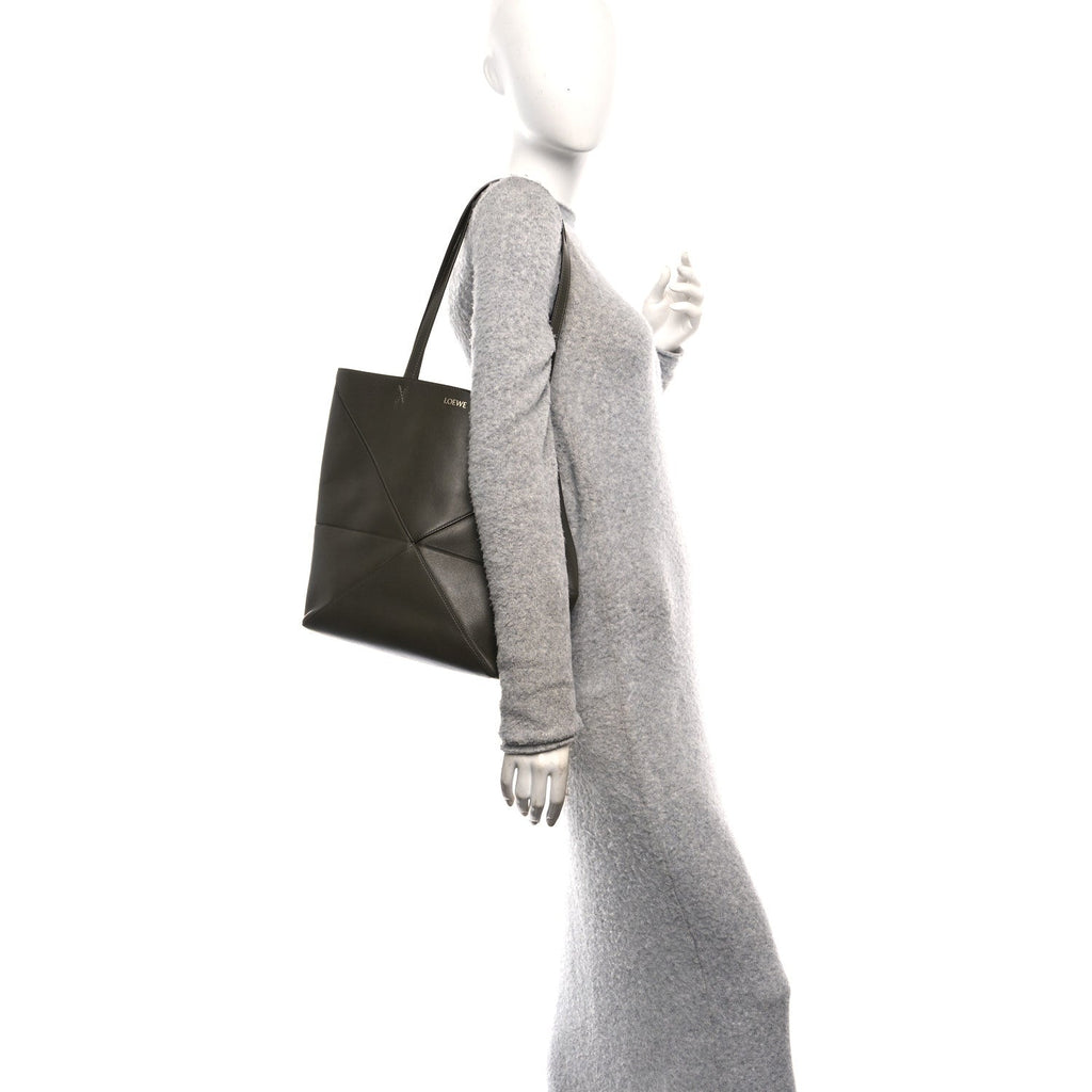 Shiny Calfskin Medium Puzzle Fold Tote Dark Khaki Green