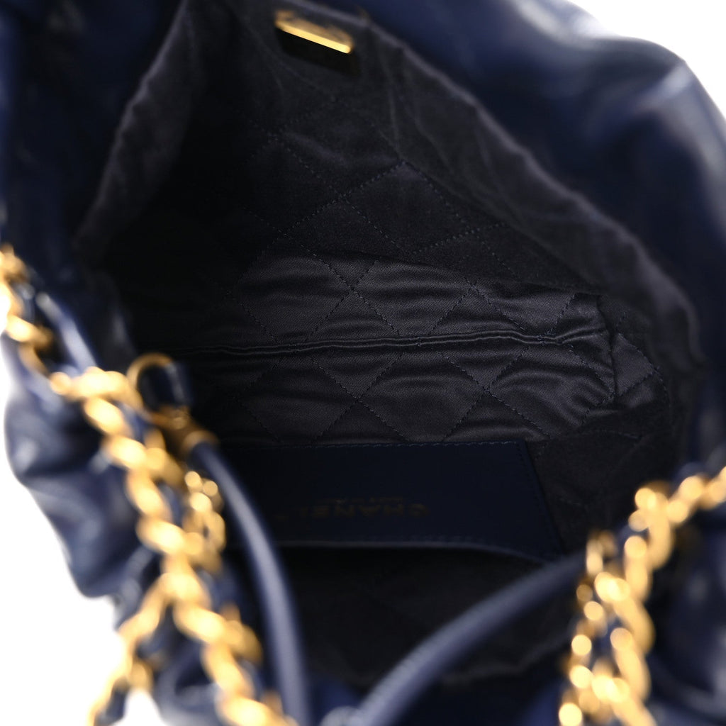 Shiny Calfskin Quilted Mini Chanel 22 Navy Blue