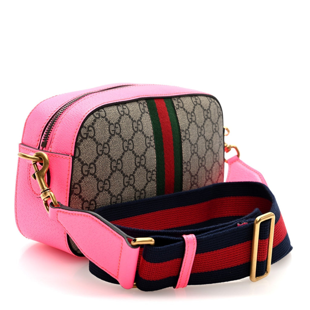 GG Supreme Monogram Textured Dollar Calfskin Web Ophidia Small Crossbody Bag Beige Ebony Fuchsia