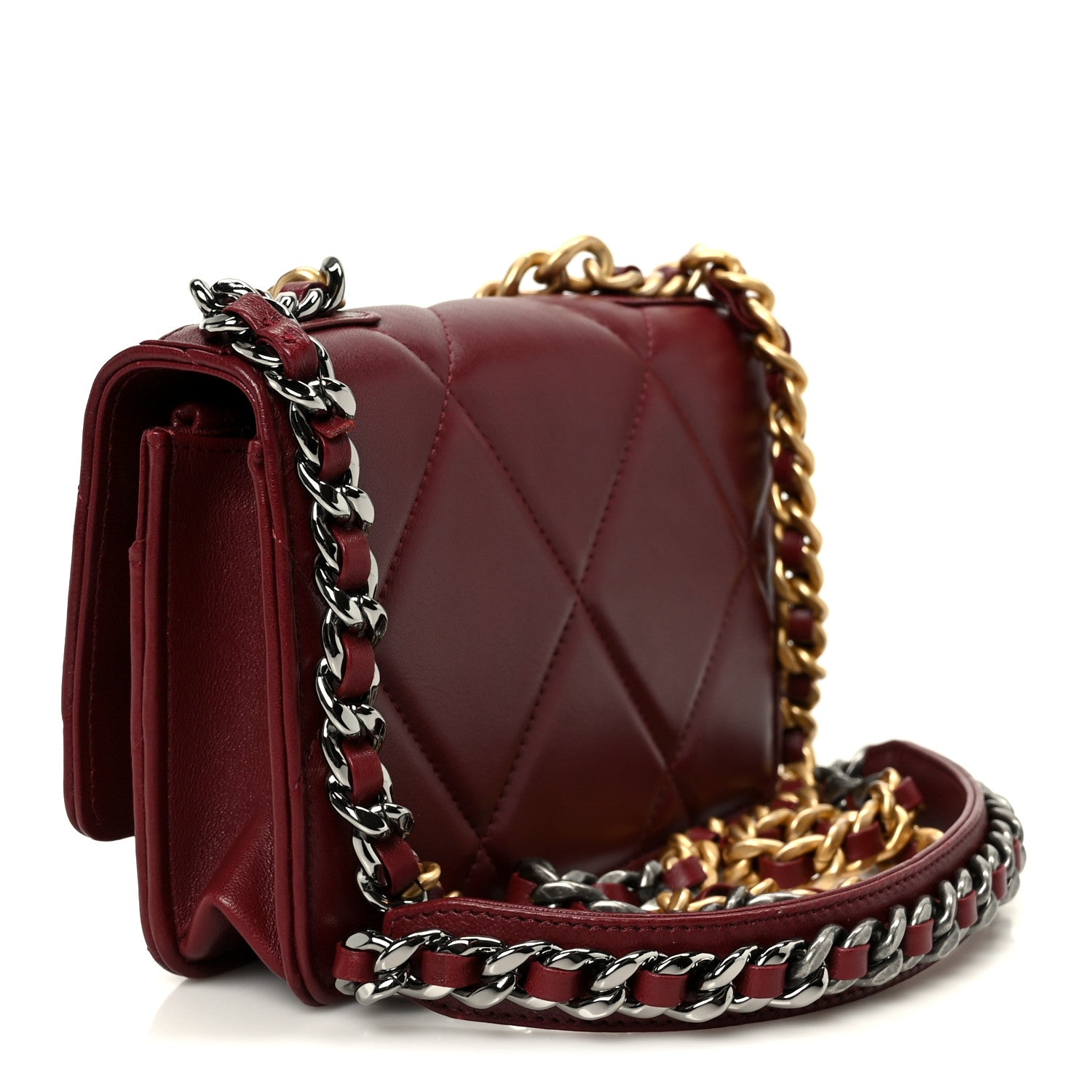Lambskin Quilted Chanel 19 Wallet On Chain WOC Burgundy