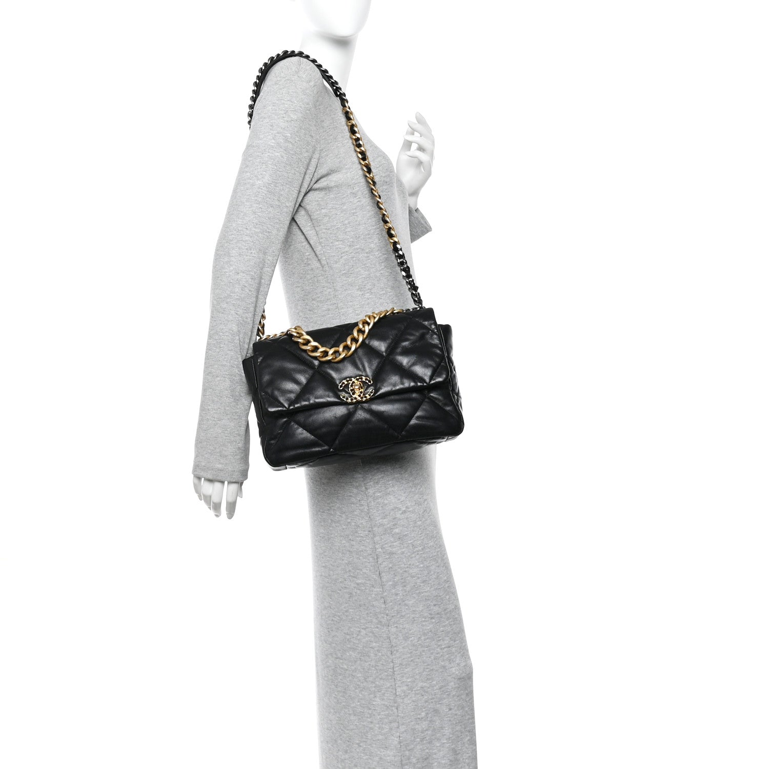 Shiny Goatskin Quilted Large Chanel 19 Flap Black