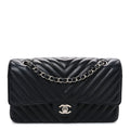 Caviar Chevron Quilted Medium Double Flap Black