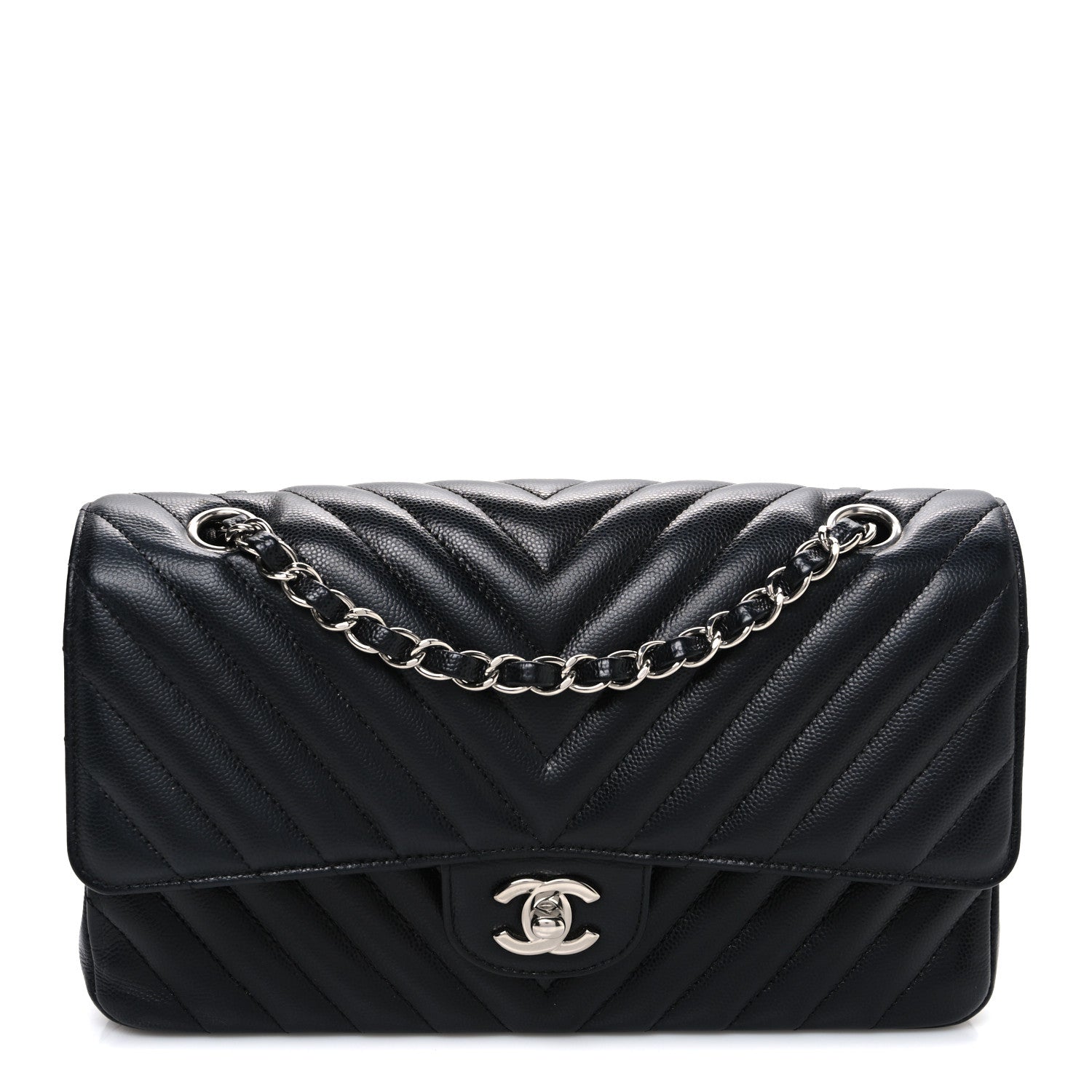 Caviar Chevron Quilted Medium Double Flap Black