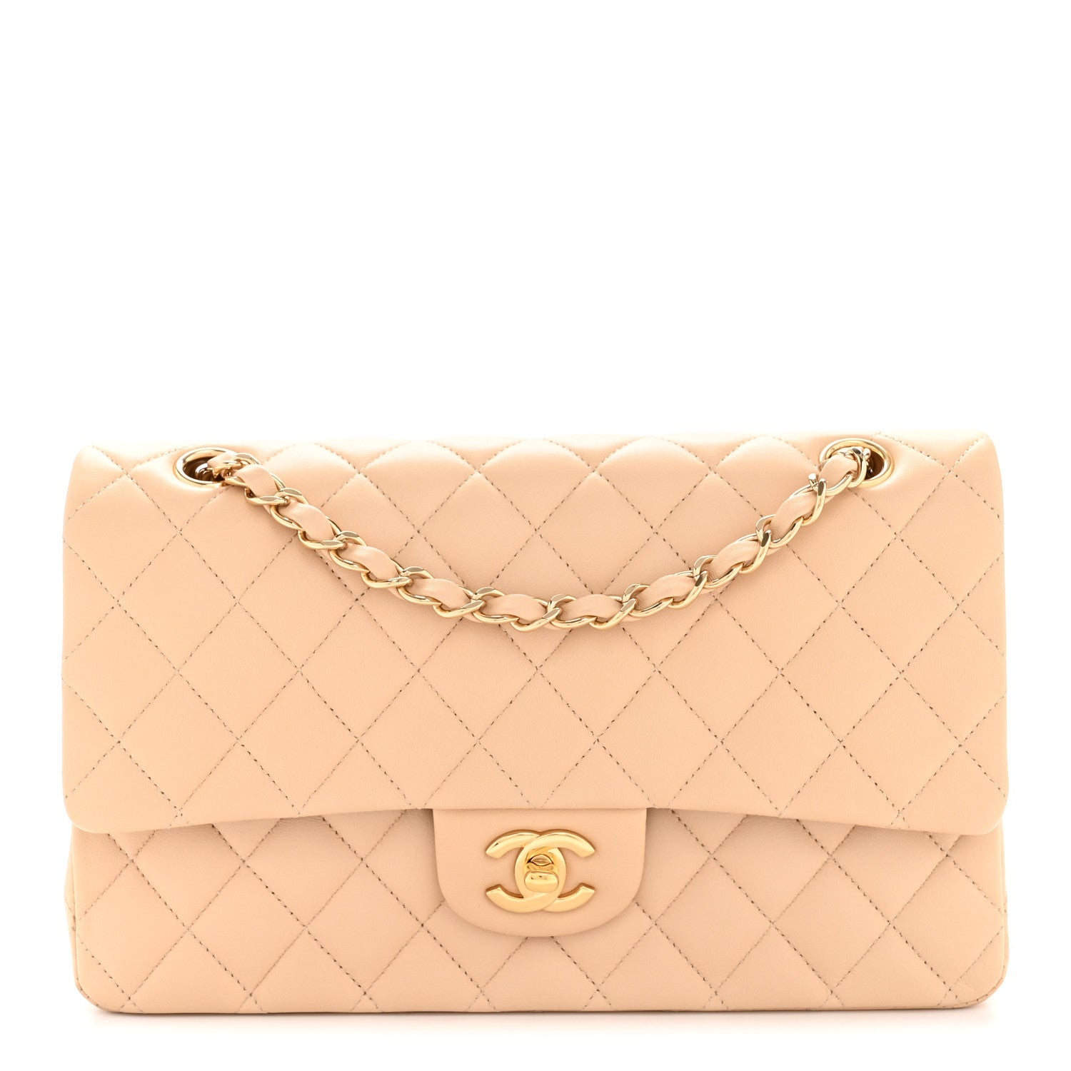 Lambskin Quilted Medium Double Flap Beige