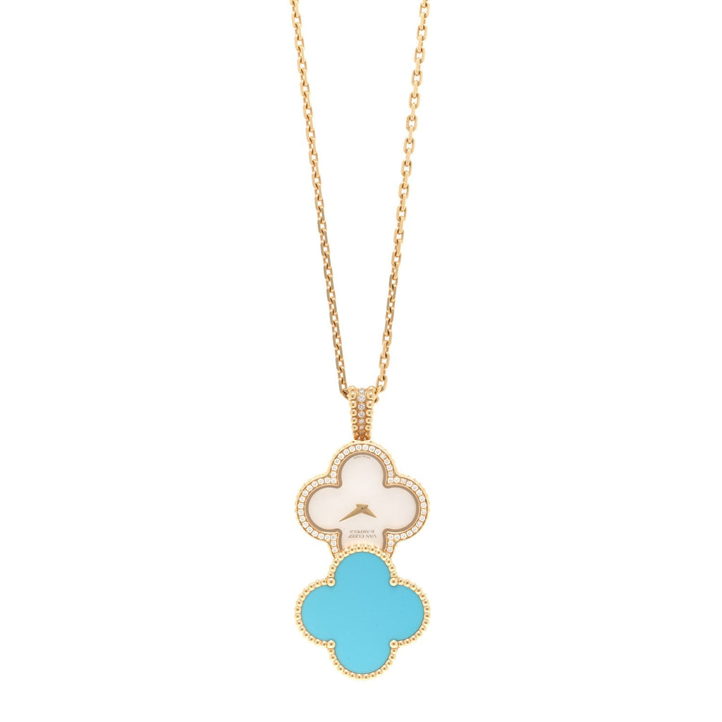 18K Yellow Gold Diamond Turquoise Mother of Pearl 28mm Alhambra Secret Pendant Quartz Watch