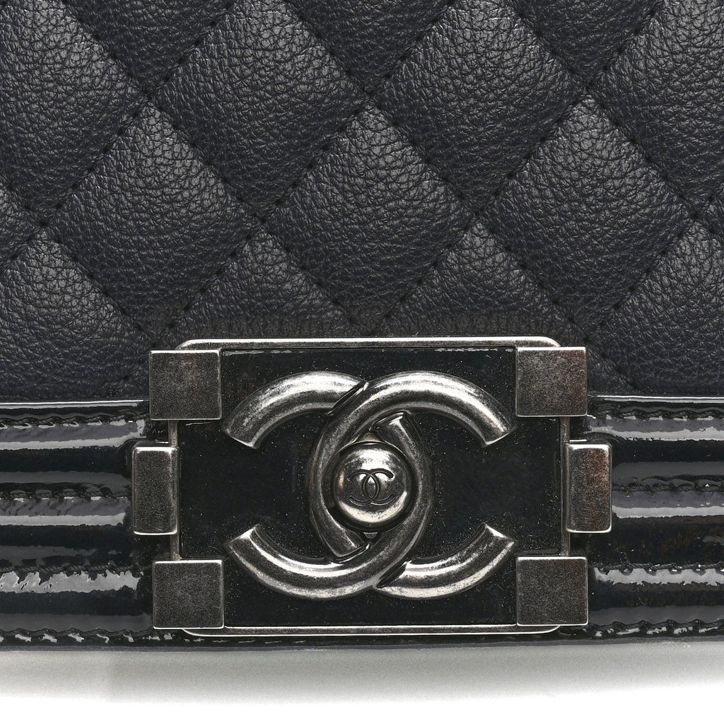 Goatskin Quilted Patent Medium Duo Boy Flap Dark Blue