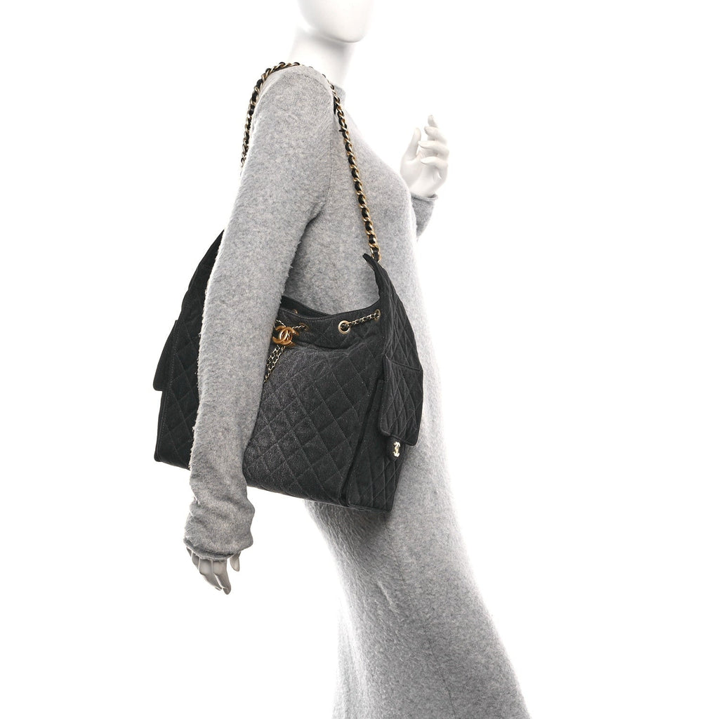 Washed Denim Quilted Medium Chanel 25 Handbag Black