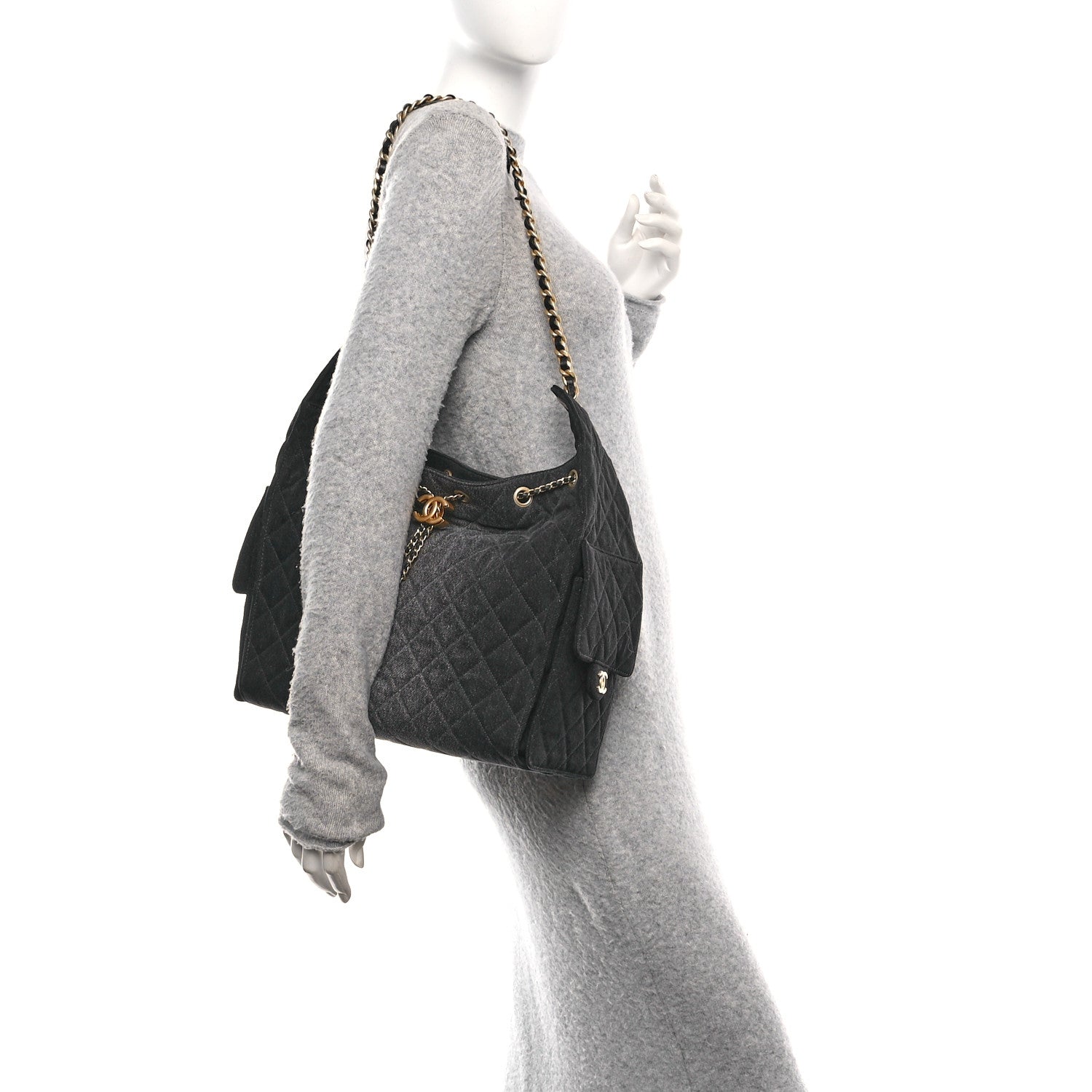 Washed Denim Quilted Medium Chanel 25 Handbag Black