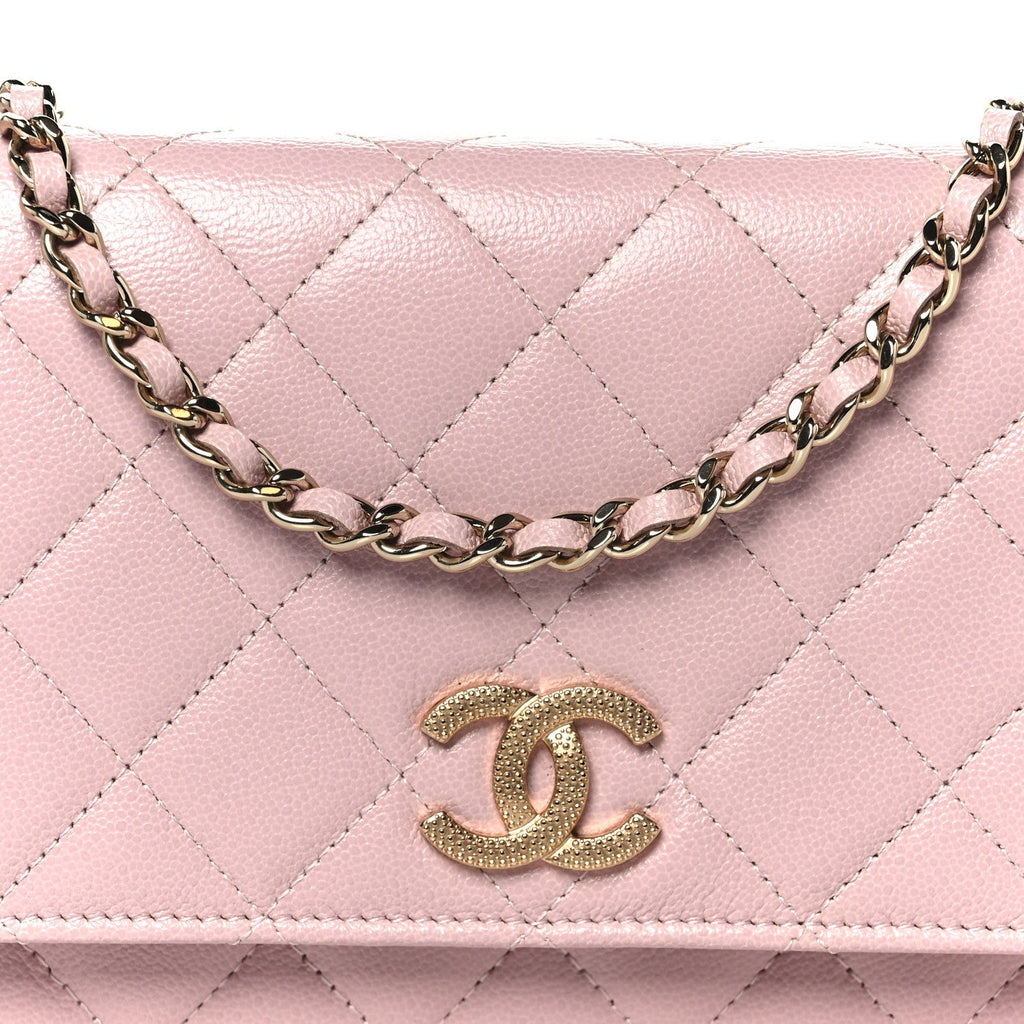 Caviar Quilted Studded CC Wallet on Chain WOC Light Pink