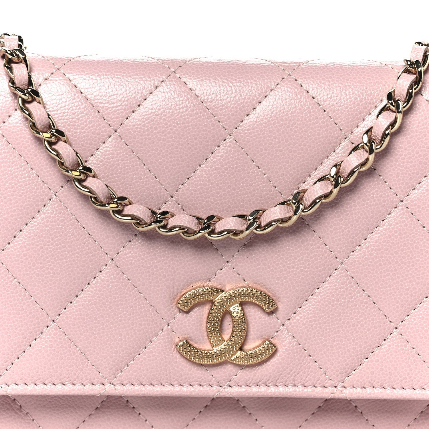 Caviar Quilted Studded CC Wallet on Chain WOC Light Pink