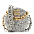 Wool Tweed Lambskin Quilted Chanel 19 Round Clutch With Chain Grey Ecru