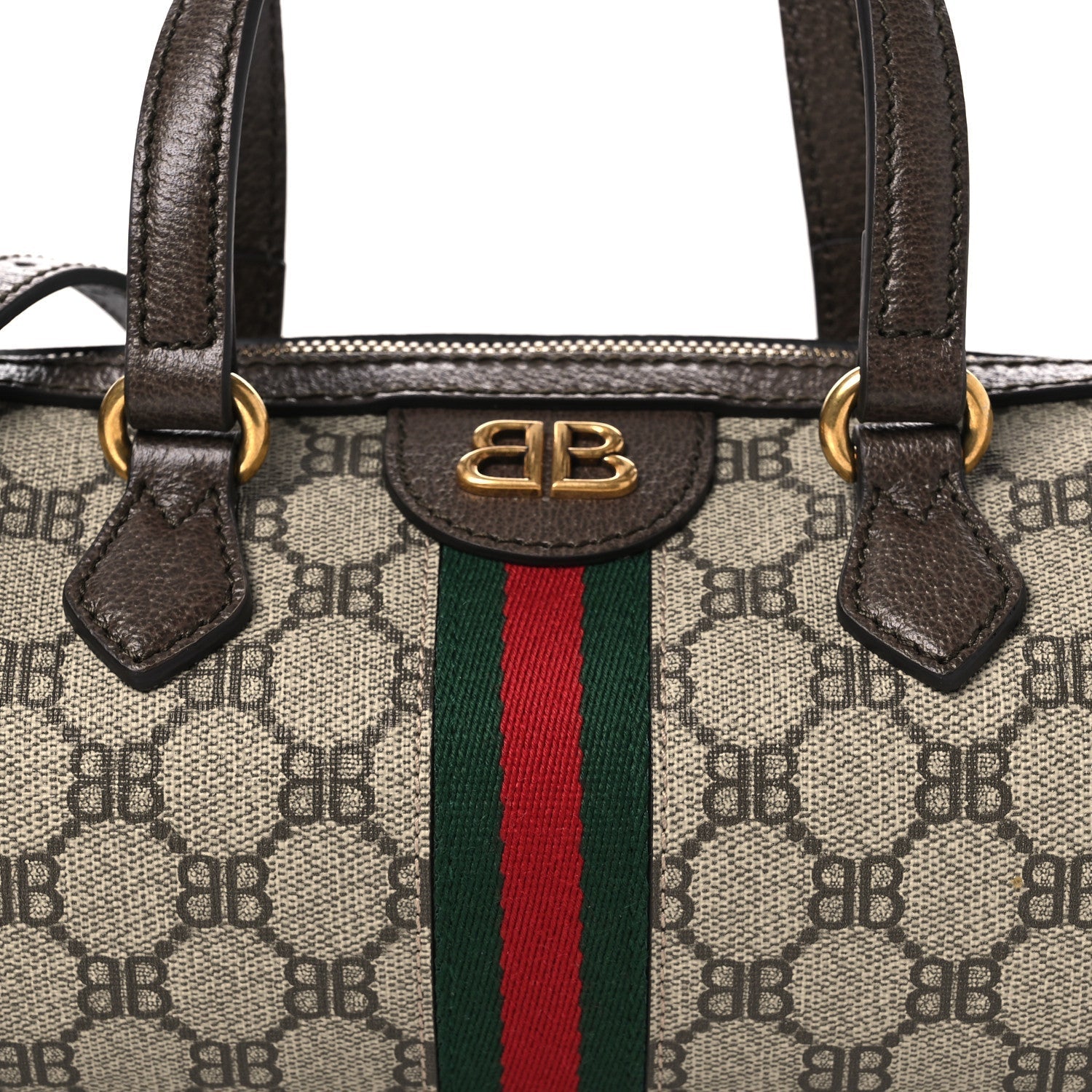 X BALENCIAGA BB Supreme Monogram Web Small Ophidia Boston Bag Beige New Acero