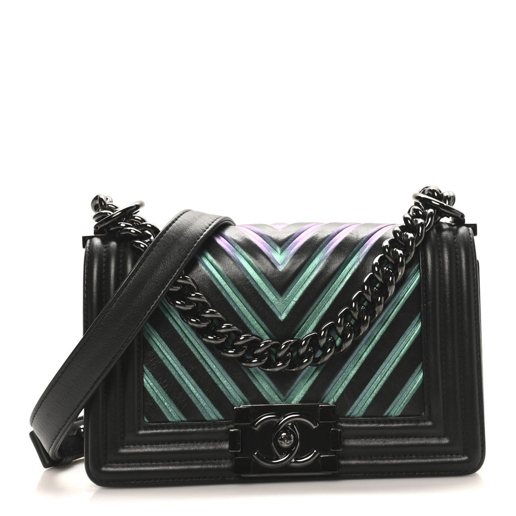Calfskin Painted Chevron Embossed Medium Boy Flap Black