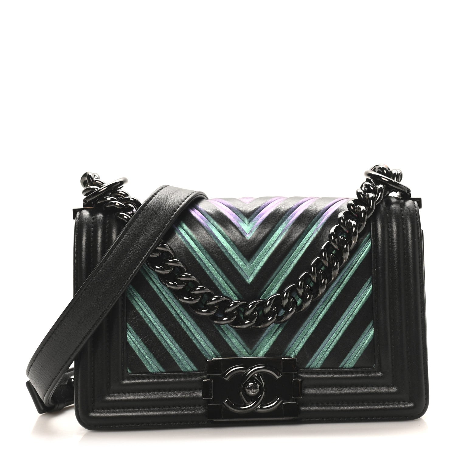 Calfskin Painted Chevron Embossed Medium Boy Flap Black