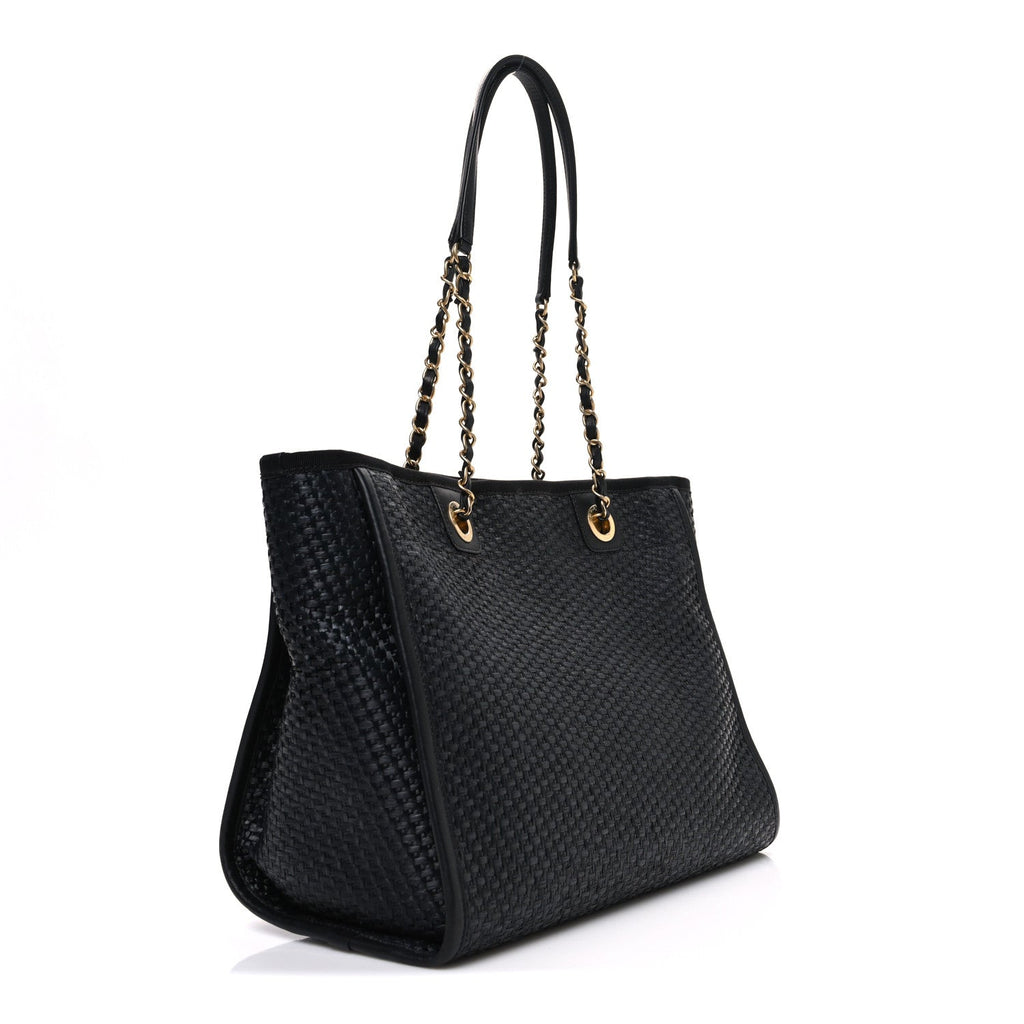 Straw Raffia Calfskin Chain Small Deauville Tote Black