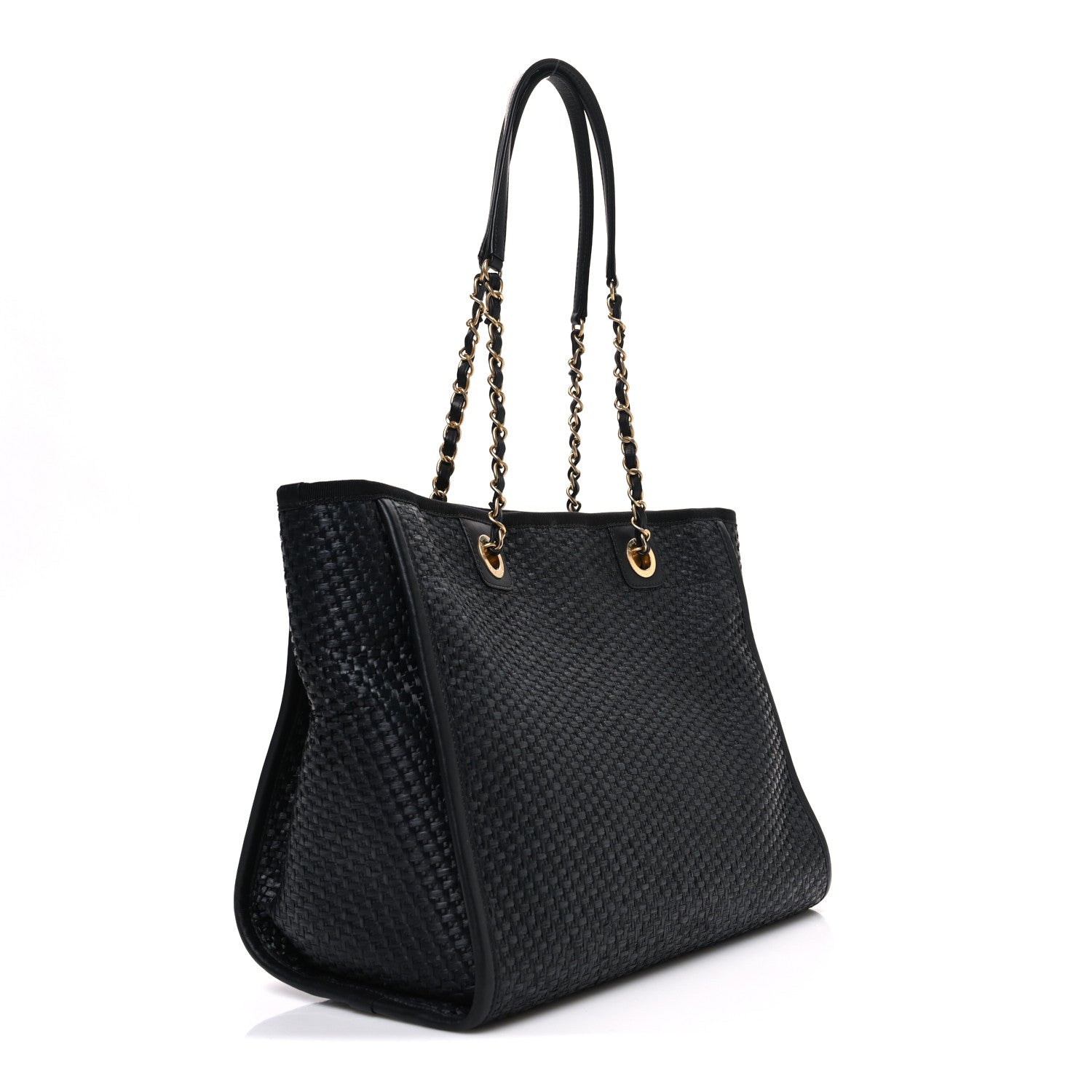 Straw Raffia Calfskin Chain Small Deauville Tote Black