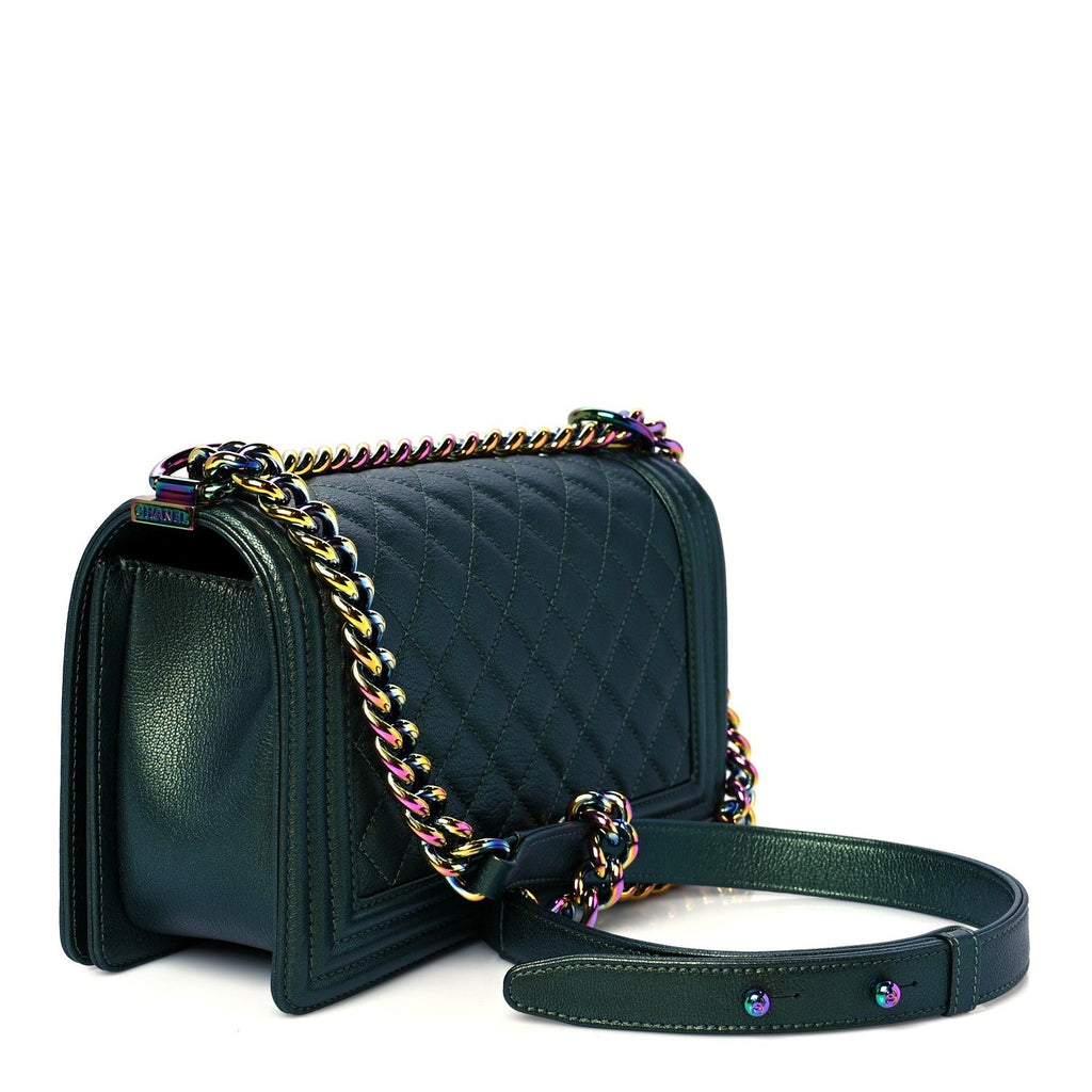 Iridescent Goatskin Quilted Medium Boy Flap Green