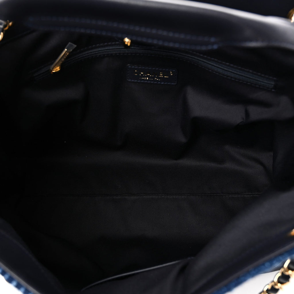 Tweed Shiny Lambskin Quilted Coco Base Small Shopping Bag Dark Blue