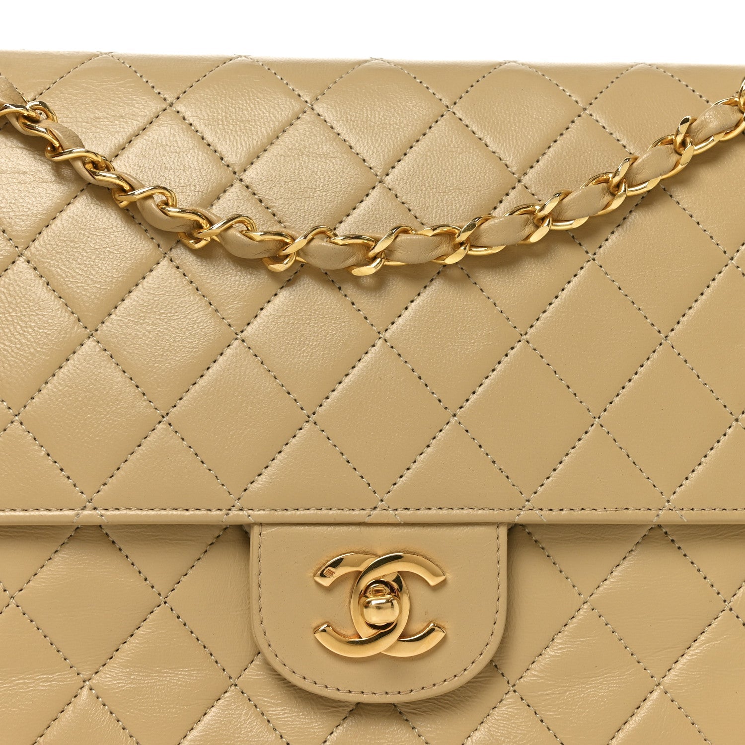Lambskin Quilted Medium Double Flap Beige